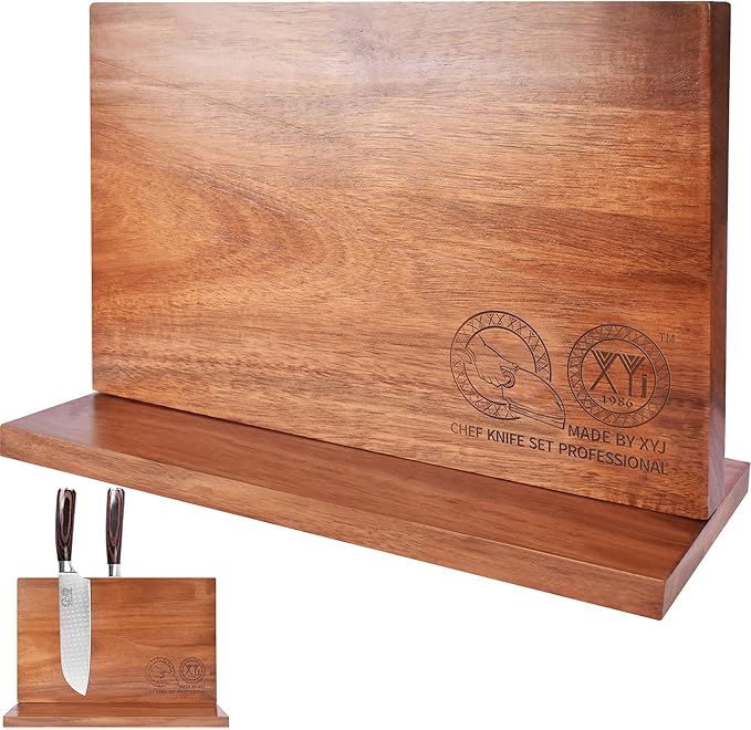 XYJ Magnetic Knife Block Holder Rack Acacia Wood Magnetic Stands with Strong Enhanced Magnets Multifunctional Knife Holder Kitchen Storage Organizer Tool Accessories
