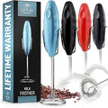 Zulay Double Grip Milk Frother for Coffee With Upgraded Holster Stand - Coffee Frother Handheld - Electric Handheld Foam Maker - Hand Mixer for Latte, Matcha - Electric Whisk (Metallic Ice Blue)