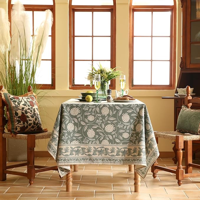 ISAENNE Designer Grayish Green Linen Long Rectangle Tablecloth,Floral Stain Resistant Table Cloth,Fall Vintage Decor Tablecloths for Dining Thanksgiving Kitchen Party,63"*102"-Andrew A