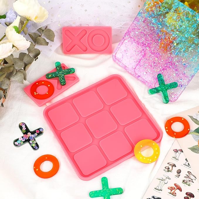 Tic Tac Toe Resin Mold with 5 Chess Pieces Molds,DECYOOL Big X O Board Game Silicone Molds for Resin Casting DIY Tabletop Board Game