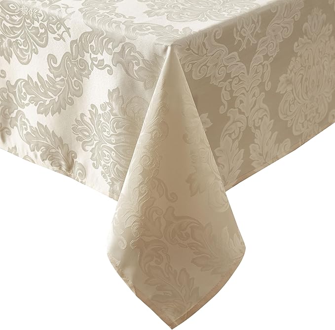 Newbridge Barcelona Luxury Damask Fabric Tablecloth, 70” Extra Wide x 144” Rectangle, Golden Beige, 100% Polyester, No Iron, Soil Resistant Dining Room, Party and Banquet Table Cover