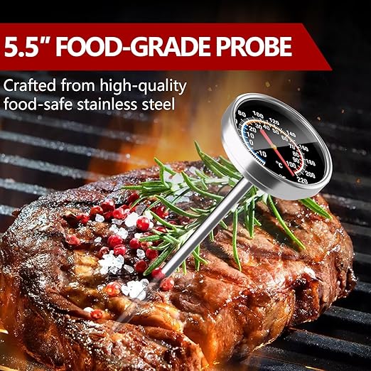 Meat Thermometer - Instant Read Food Thermometer with 5.5-Inch Stainless Steel Probe for Cooking, Steak, Bread, Chicken, Grilling, Milk, Tea & Coffee - 1.5-Inch Dial Kitchen Temperature (2PCS)