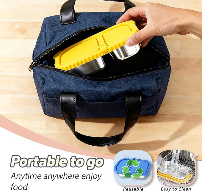 Stainless Steel Snack Containers with Silicone Lids - 2 Compartment Metal Bento Lunch Box, Leak-Proof Reusable Lunch Meal Prep Containers with 2 Forks for School, Office, Travel (Blue+Yellow, 2 Pack)
