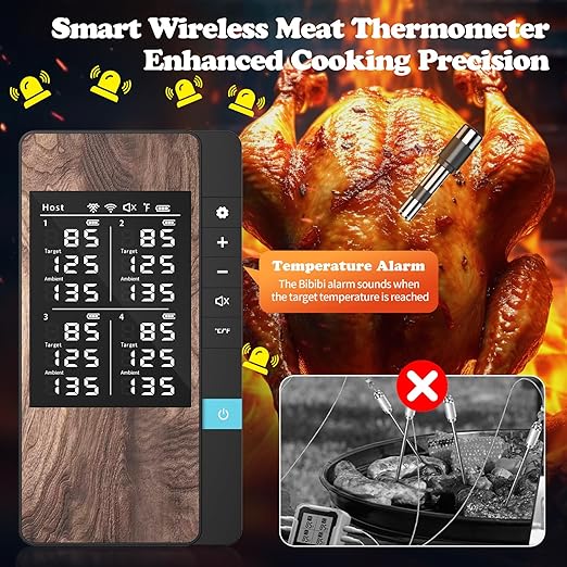 Wireless Meat Thermometer-Multi Sensors Digital Food Thermometer with Ultra-Thin Probes, Accuracy Smart Bluetooth Meat Thermometer for Steak, BBQ, Oven, Grill, Smoker (4 Probes)