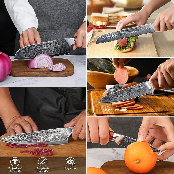 Chef Cooking Knives Set- Kitchen Knife Set of 5 Piece - Ultra-Sharp VG10 Damascus Steel & Resin Handle - Xuan Series (Sunset Red)