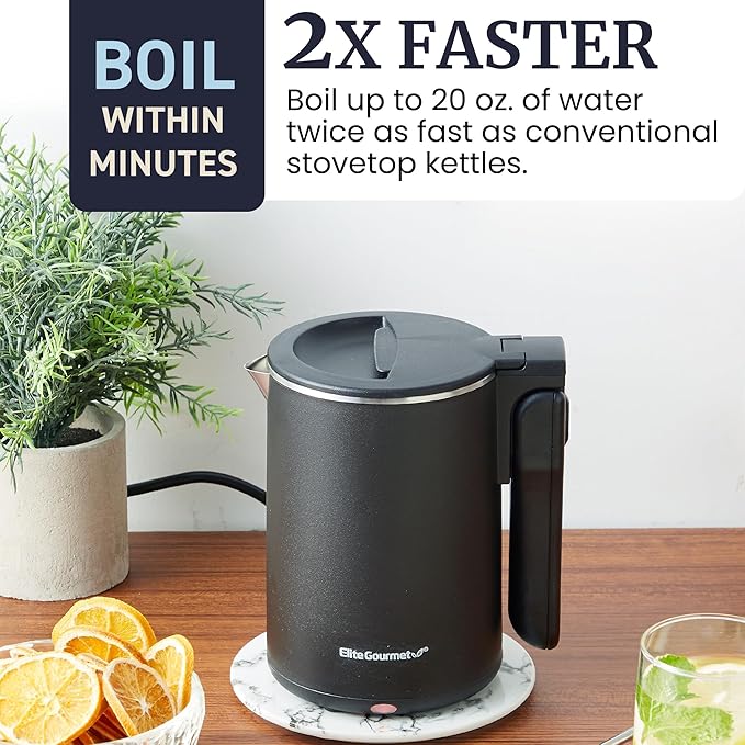 Elite Gourmet Dual Voltage 120-230V, Travel Double Wall Insulated Cool-Touch, 0.6L Electric Kettle Stainless Steel Interior, Hinged-Locking Lid, Auto Shut-Off, Boil Dry Protection, Black