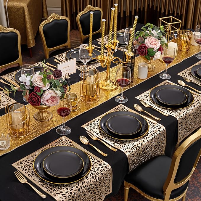 KIRE 200Pcs Black Plastic Plates - Black Plates Disposable for Party - Include 100 for Dinner and 100 for Dessert for Birthday/Wedding/New Year