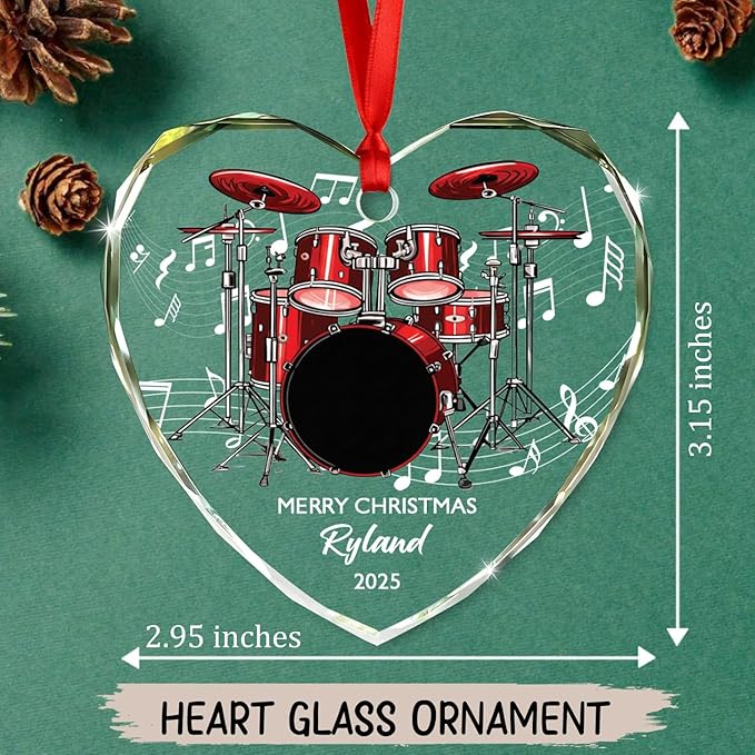 Personalized Drum Musical Instrument Glass Ornament, Customized Year Text Name Christmas Ornaments Gift for Drummer Husband Wife Dad Mom Kids, Unique Drum Set Glass Christmas Ornament for Birthday