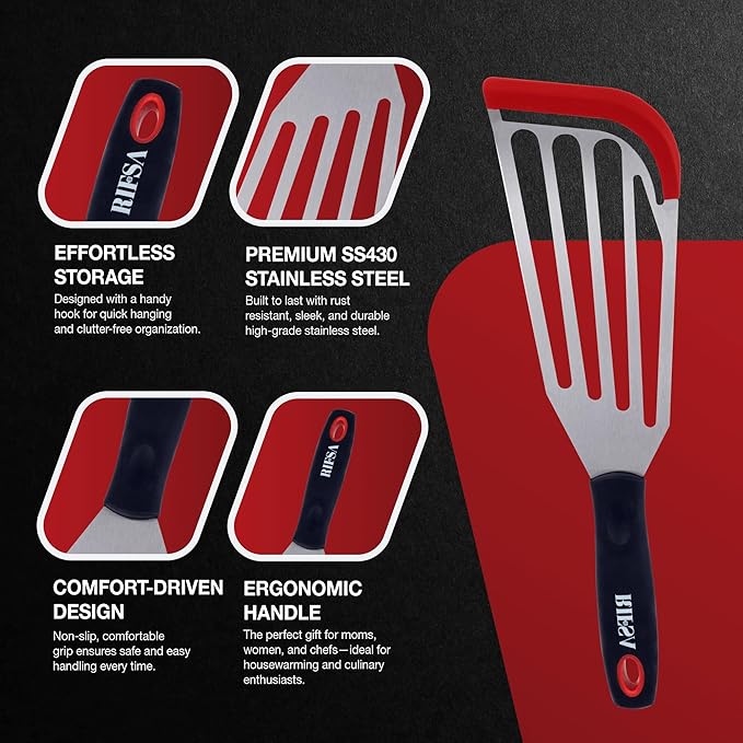 Fish Spatulas, Stainless Steel with Heat-Resistant Silicone Tips, Non-Scratch Design for Non-Stick Cookware, Slotted Silicone Spatulas for Frying, Flipping Fish and Eggs.