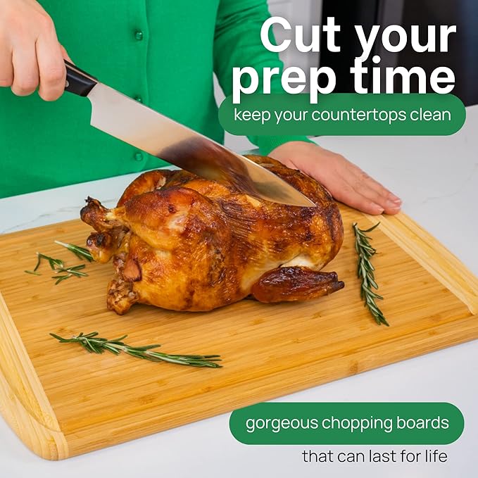 Organic Extra Large Bamboo Cutting Board with Lifetime Replacements –18 x 12 Inch Reversible Wooden Kitchen Chopping Board with Juice Groove – Used to Chop, Slice, Carve & Serve – by Greener Chef