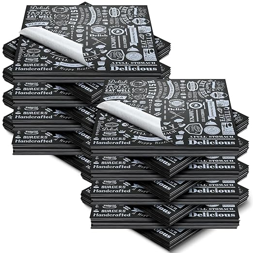 Outus 1400 Pcs 12 x 12 Inch Deli Wax Paper Sheets Grease Resistant Tray Basket Liners Newsprint Paper Water and Grease Proof Sandwich Wrapping Square Hot Dog Wrapper for Food Baking (Black)
