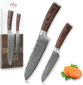 Wakoli EDIB 2-Piece Santoku Damascus Knife Set | Genuine Damascus Steel Blades with VG10 Core | Ergonomic Pakkawood Handles | Professional Kitchen Knife Set in Gift Box