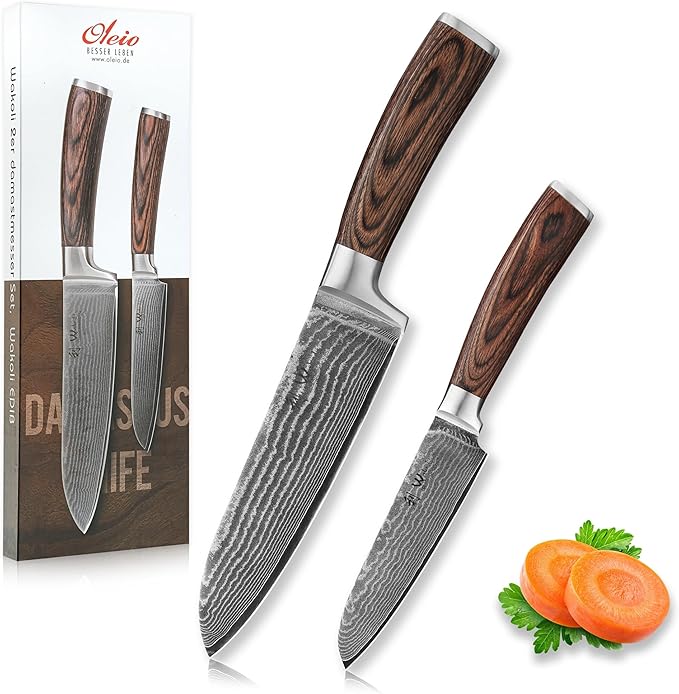 Wakoli EDIB 2-Piece Santoku Damascus Knife Set | Genuine Damascus Steel Blades with VG10 Core | Ergonomic Pakkawood Handles | Professional Kitchen Knife Set in Gift Box