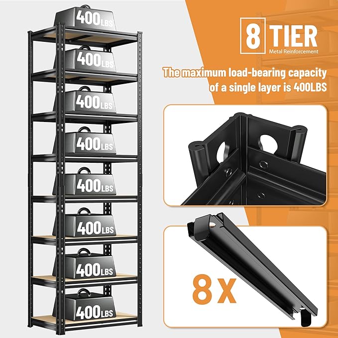 8 Tier Storage Shelves, Shelving Unit Load 400LBS Per Shelf, Adjustable and Divisible Garage Shelving, Shelving Units and Storage for Laundry Room, Pantry, Kitchen, Closet, 21.6"W x 11.8"D x 84"H