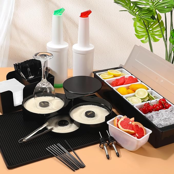 Bartending Supplies - 18" x 12" Bar Mat Garnish Tray with Lid Bar Caddy 3 Tier Bar Glass Rimmer, 2 Plastic Juice Pour Bottles 3 Mini Tongs 12 Classic Liquor Bottle Pourers 500 Cocktail Straws(Black)