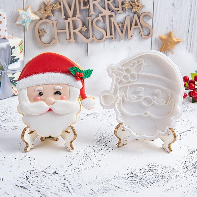 Flycalf Christmas Cookie Cutters Santa Claus Shapes with Plunger Stamps Holiday PLA Baking Accessories Cutter Molds Gifts Decorative Party 3" Kitchen Cake Supplies