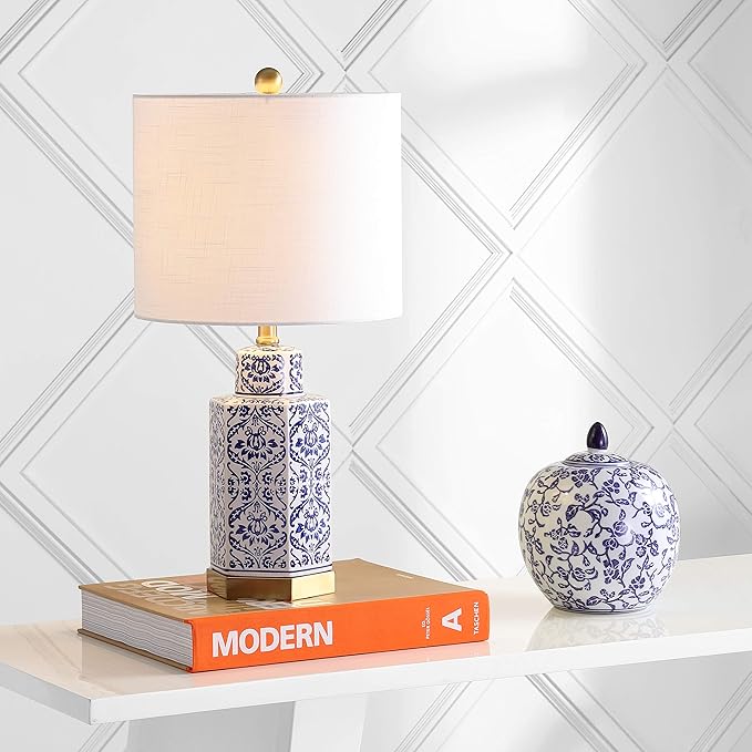 JONATHAN Y JYL3050A Diana 23.5" Ginger Jar Ceramic/Metal LED Table Lamp Classic Traditional Bedside Desk Nightstand Lamp for Bedroom Living Room Office College Bookcase LED Bulb Included, Blue/White