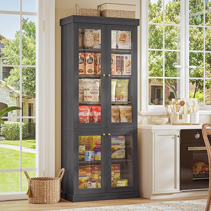70.8" Tall Black Bookshelf with Glass Doors, Farmhouse Modular Bookcase with 6-Tier Adjustable Shelves, Large Storage Cabinet for Home Office, Living Room