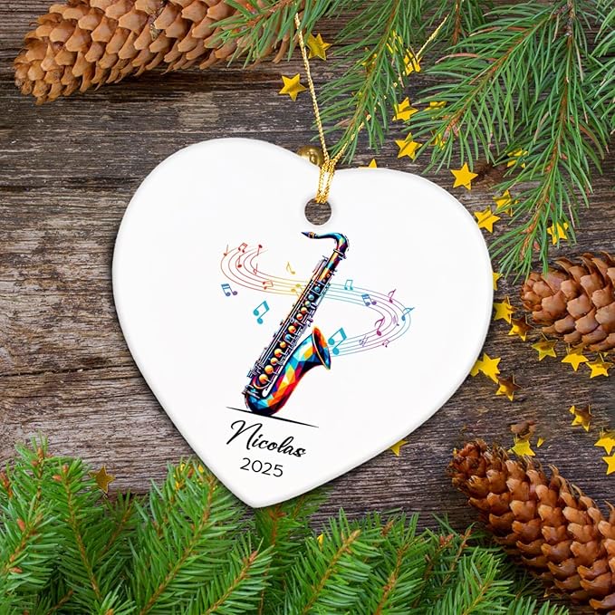 Saxophone Lovers Ceramic Ornament 2025, Personalized Saxophone Christmas Ornaments Gifts for Saxophonist, Musical Instrument Player Ceramic Ornament Xmas, Custom Name & Year Saxophonist Decoration