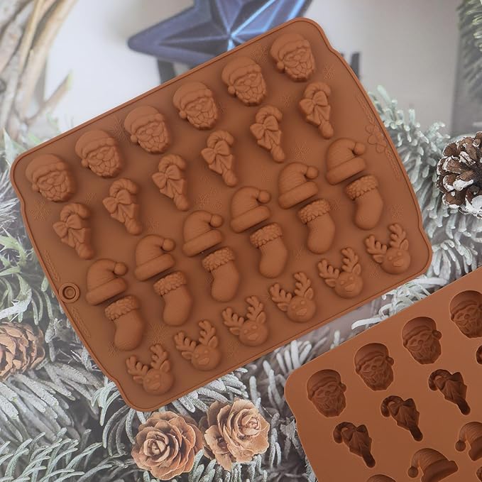 Christmas Candy Molds Silicone Chocolate Mold Christmas Tree Gingerbread Snowman Glove Bell Shape Gummy Mold for Fondant Cupcake Decoration Set of 2(Brown)