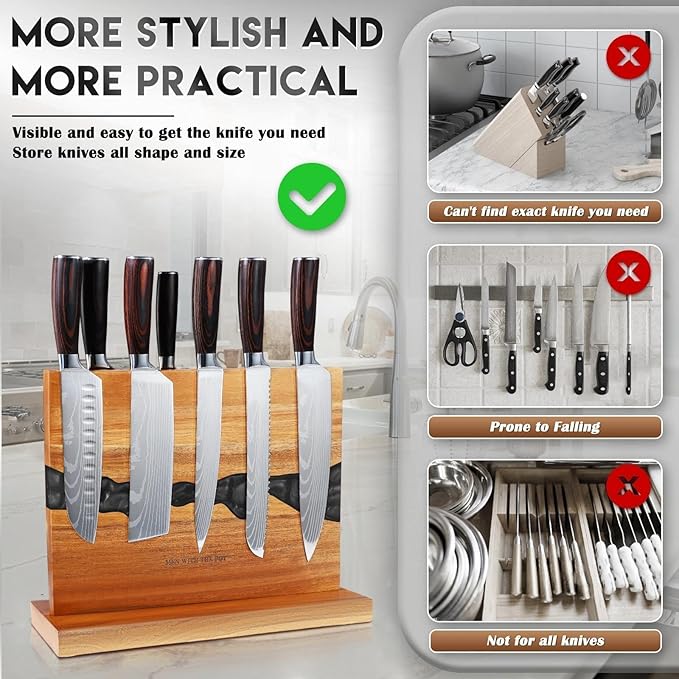 MEN WITH THE POT Magnetic Knife Holder 13 x 10 Inches, Multifunctional Double Sided Magnetic Knife Block Rack, Wood & Black Epoxy Universal Magnetic Knife Storage Stand for Kitchen Counter