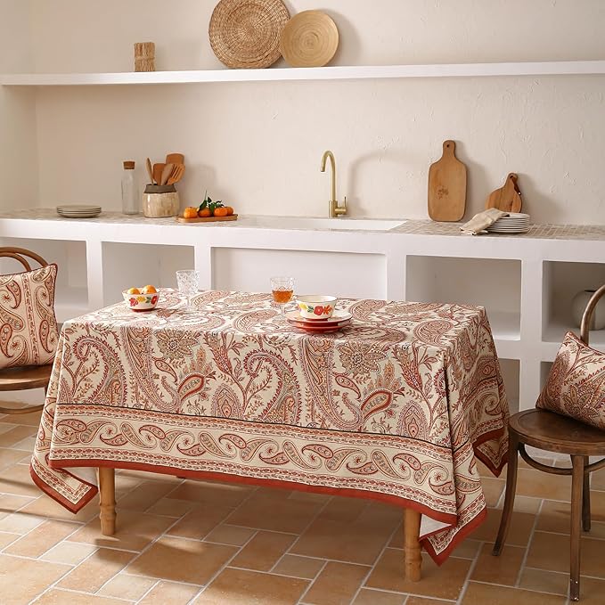 ISAENNE Designer French Red Extra Long Tablecloth Rectangle,Linen Table Cloth with Cashew Pattern,Stain Proof Decor Tablecloths for Dining Thanksgiving Kitchen Christmas,63"*110"-Chauffrey D