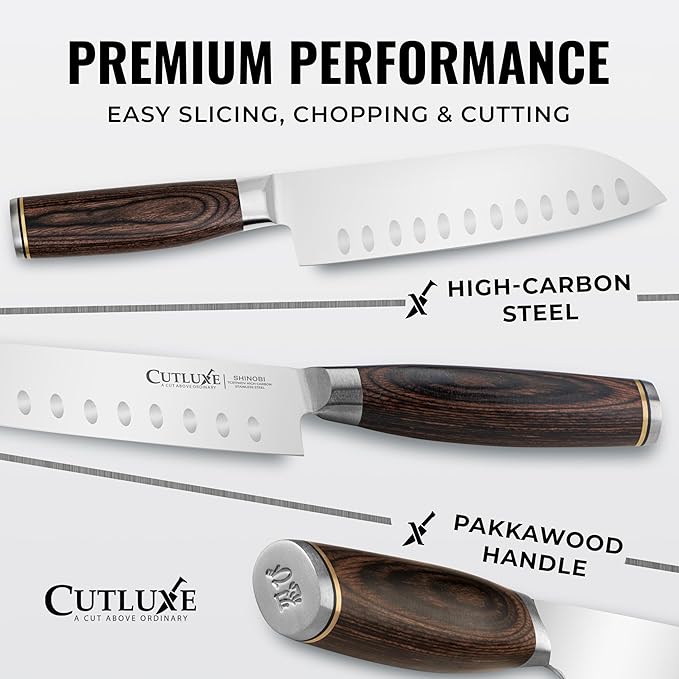 Cutluxe Santoku Knife – Ultra Sharp 7 Inch Vegetable Japanese Knife for Chopping, High Carbon Stainless Steel Blade, Full Tang Pakkawood Handle – Shinobi Series