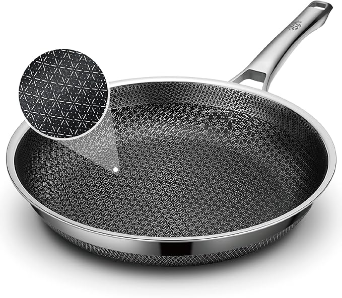 Frying Pan, 12 Inch Hybrid Non Stick Stainless Steel Skillets, Dishwasher Induction Oven Broiler Safe, Non Toxic Chef's Pan, PFOA Free Cookware