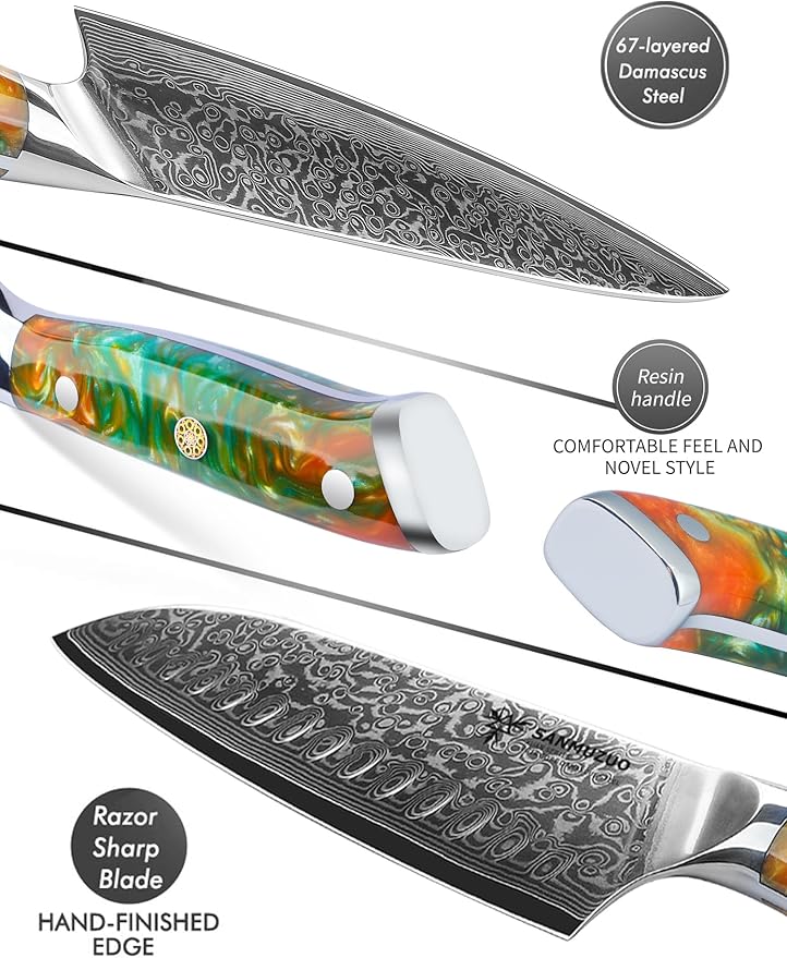 Chef Cooking Knives Set- Kitchen Knife Set of 5 Piece - Ultra-Sharp VG10 Damascus Steel & Resin Handle - Xuan Series (Fantasy Orange)