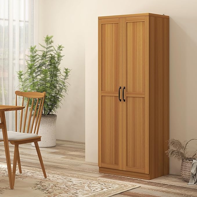 HOMCOM 63" 2-Door Kitchen Pantry, Freestanding Storage Cabinet with 5-Tier Shelving and 2 Adjustable Shelves for Dining Room, Teak Wood Grain