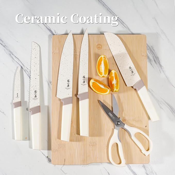 ZHANG XIAO QUAN SINCE 1628 15Pcs Knife Set with Block, High Carbon Stainless Steel Kitchen Knife Set with Ceramic-Coated Blade, Sharp and Durable, Hundreds of Years of Masterful(Cream)