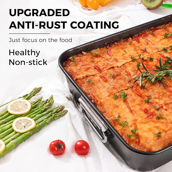 HONGBAKE Nonstick Lasagna Pan 3 Inch Deep, 9x13 Baking Pan, Rectangular Sheet Cake Pan, Roasting Pan for Oven with Stainless Steel Handles, Dishwarsher Safe, Dark Grey