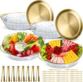 Baderke 4 Sets 11.8" Chilled Serving Tray for Parties Round Iced Platter with Ice Underneath Stainless Steel Clip Fruit Fork Shrimp Cocktail Serving Dish for Oysters Crawfish Fruits (Gold)