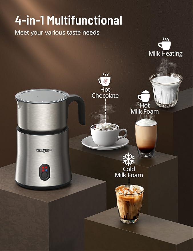 PARIS RHÔNE Milk Frother and Steamer, 4-in-1 Detachable Milk Steamer, 500ml Hot Chocolate Maker and Milk Warmer with Hot & Cold Foam, Dishwasher Safe, All Stainless Steel