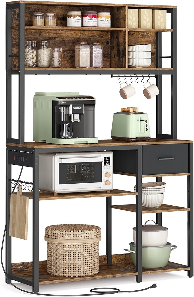VASAGLE Bakers Rack with Charging Station, Coffee Bar with Adjustable Storage Shelves, Fabric Drawer, 12 Hooks, 15.7 x 39.4 x 71 Inches, Kitchen Microwave Stand, Rustic Brown and Ink Black UKKS027K01