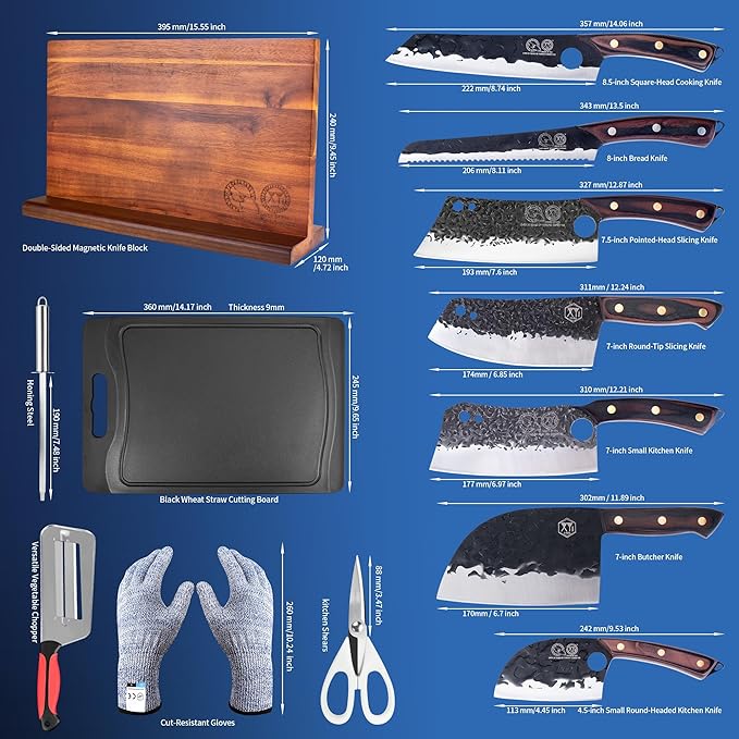 XYJ Authentic Since 1986, Knife Block Set, Full Tang Knives Set with Holder, Cutting Board, Sharpener Rod, Scissors, Cut Resistant Gloves, High Carbon Steel Blades, Cleaver, Slicing Kitchen Knives