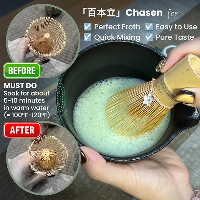 Matcha Whisk Set Incl. Ceramic Bowl With Spout, Whisk (Chasen), Stand, Bamboo Scoop, Sifter, Electric Frother, Tea Towel etc. 9 Pcs Matcha Making Starter Kit, Mottled Black