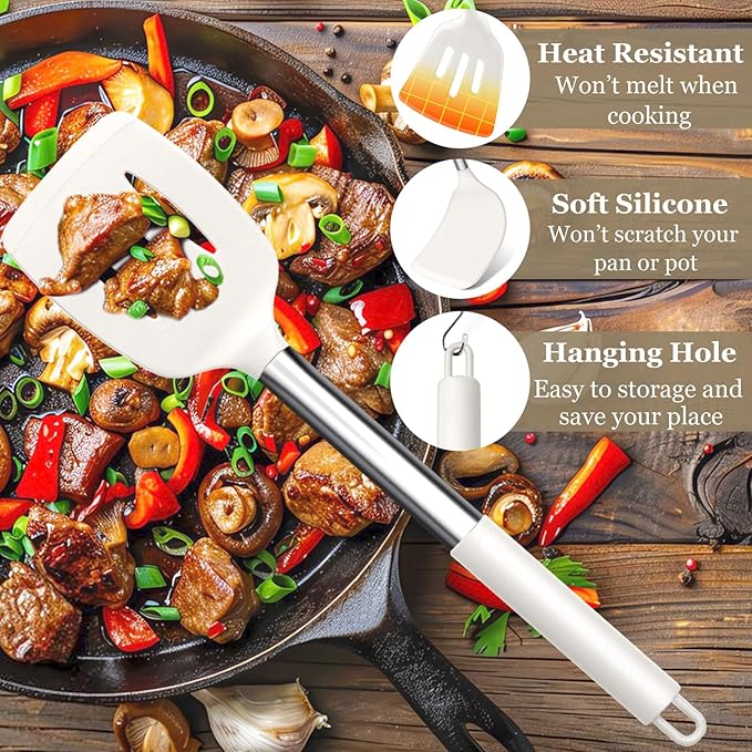 TeamFar Kitchen Utensils, 8PCS Cooking Silicone Utensils Kitchen Tool Kit with Stainless Steel Handle, for Nonstick Cookware Cooking Stirring Turning, Food Grade & Heat Resistant, Dishwasher Safe
