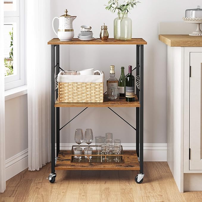 VASAGLE Kitchen Shelf on Wheels, Serving Cart with 3 Shelves, Kitchen Cart, Microwave Shelf, for Mini Oven, Toaster, with 6 Hooks, Industrial Style, Rustic Brown and Black UKKS60XV1
