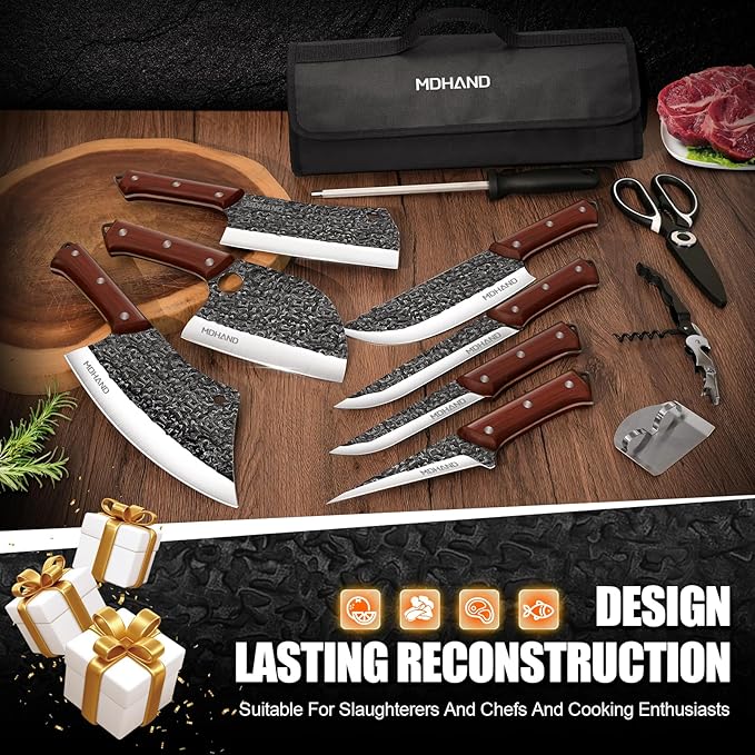 MDHAND 14PCS Butcher Knife Set, Hand Forged Butcher Chef Knife Set with Roll Bag, Sharp Meat Cleaver Knife & Bone Chopper Knives & Fillet Knives for Home & Camping & BBQ Gift for Men