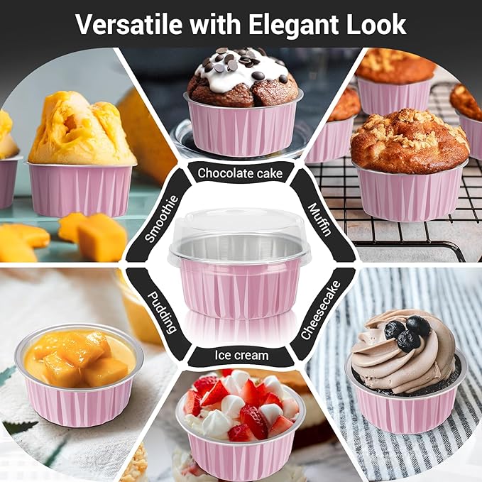 EUSOAR Foil Baking Cups, 50pcs 5oz 125ml Muffin Liners Cups with Lids, Disposable Aluminum Cupcake Ramekins Pans Baking Cup Holders Liners for Wedding Birthday Party