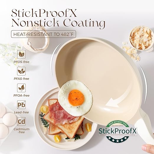 PRICUSIS Nonstick Ceramic Frying Pan, 8/10 Inch Skillet with Stay Cool Handle, Fully Coated, Induction Compatible & Oven Safe, 100% Dishwasher Safe, PTFE PFAS & PFOA Free（8 Inch, Coconut White）