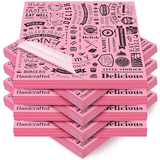 Outus 600 Pcs 12 x 12 Inch Deli Wax Paper Sheets Grease Resistant Tray Basket Liners Newsprint Paper Water and Grease Proof Sandwich Wrapping Square Hot Dog Wrappers for Food Baking (Pink,Black)