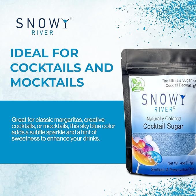 Snowy River Sky Blue, Cocktail & Margarita Sugar Rimmer - Vibrant Color Glass Rimming Sugar with Medium Crystal Texture - 4oz