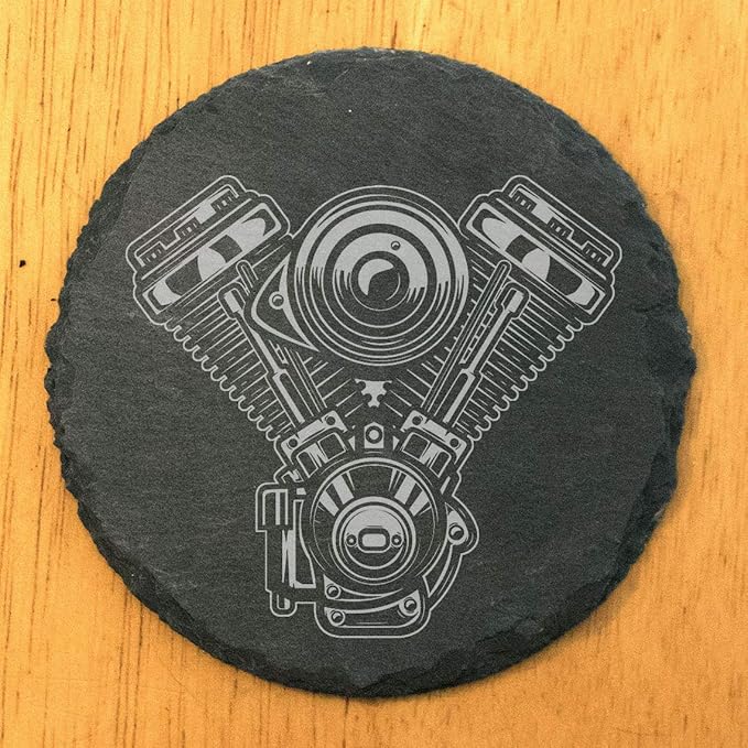 Rev Up Your Ride: V-Twin Engine Coasters for Bikers - Round Slate - Set of 8