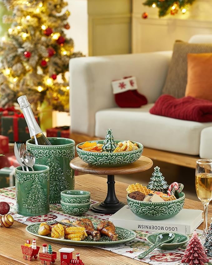 Christmas Tree Serving Platters, 14.5"/ 12.5"/11" Ceramic Oval Serving Trays, Green Serving Plates, Dishwasher and Microwave Safe, Set of 3