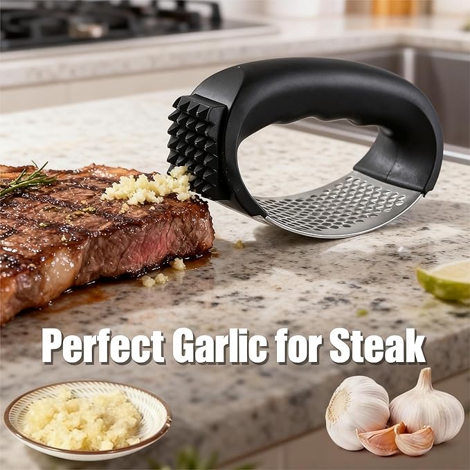 Garlic Press Rocker Stainless Steel Ginger Crusher, Garlic Mincer and Squeezer Kitchen Gadget with Ergonomic handle, Silicone Tube Garlic Peeler, Scraper and Cleaning Brush Tool Set(Black)