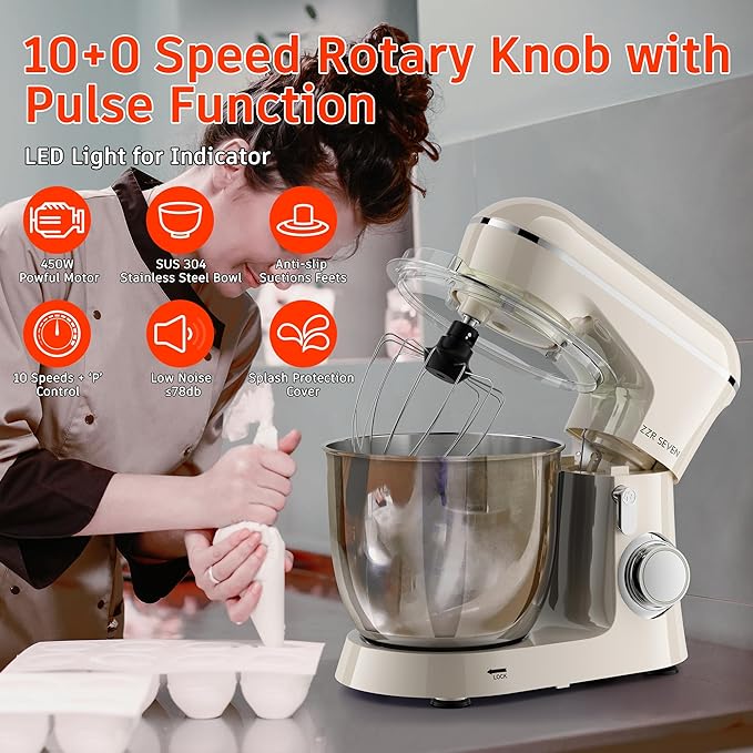 Stand Mixer, 5.5 Quart, 10 Speed Tilt-Head Kitchen Mixer, Copper Motor, Household Food Mixer with Bowl, Flat Beater, Dough Hook, Egg Whisk (450W Cream)