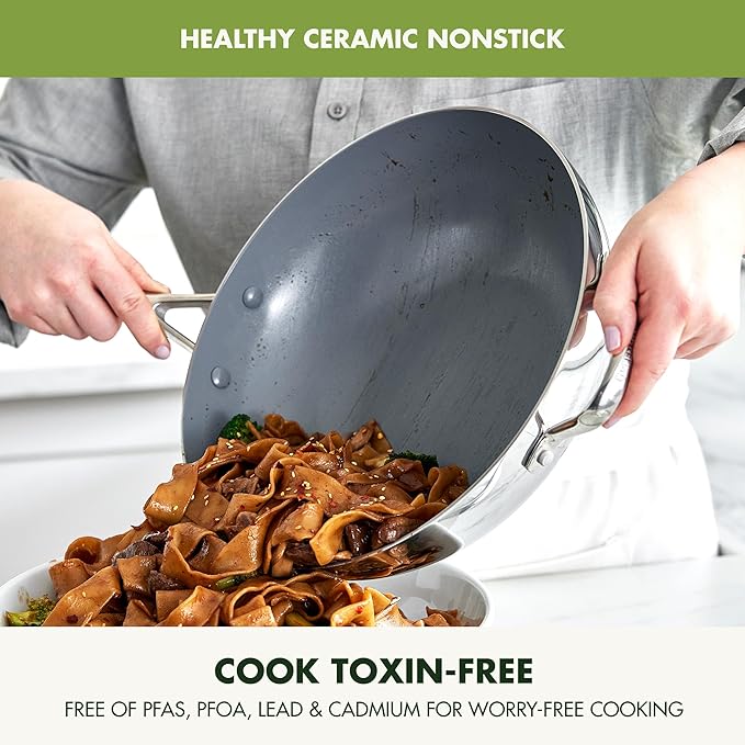 GreenPan Valencia Pro Tri-Ply Stainless Steel 12” Wok with Lid, Ceramic Nonstick PFAS-Free Coating, Multi Clad Cookware, Induction, Dishwasher Safe, Oven and Broiler Safe