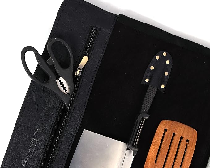 Leather Knife Roll Storage Bag, Elastic and Expandable 10 Pockets, Adjustable/Detachable Shoulder Strap, Travel-Friendly Chef Knife Case (Cerulean Black, Leather)